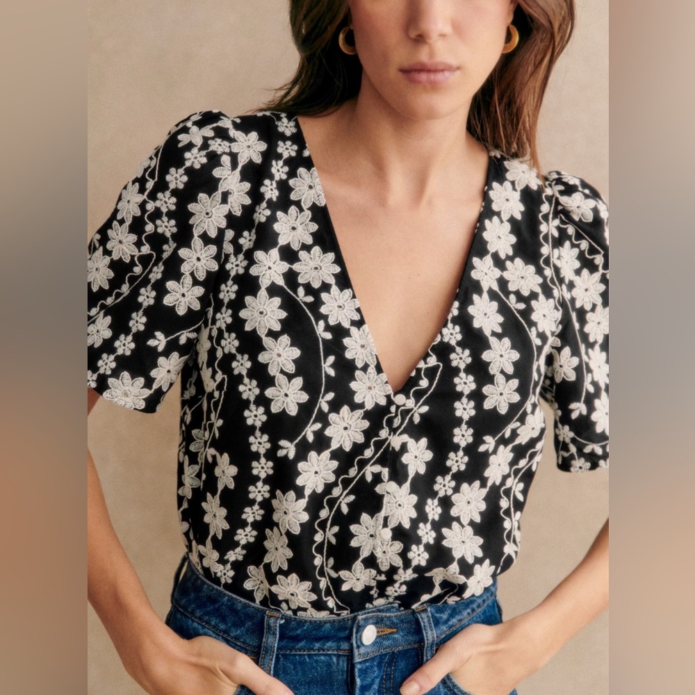 Sezane Emma Blouse Ecru Embroidery/ Black - Size 2